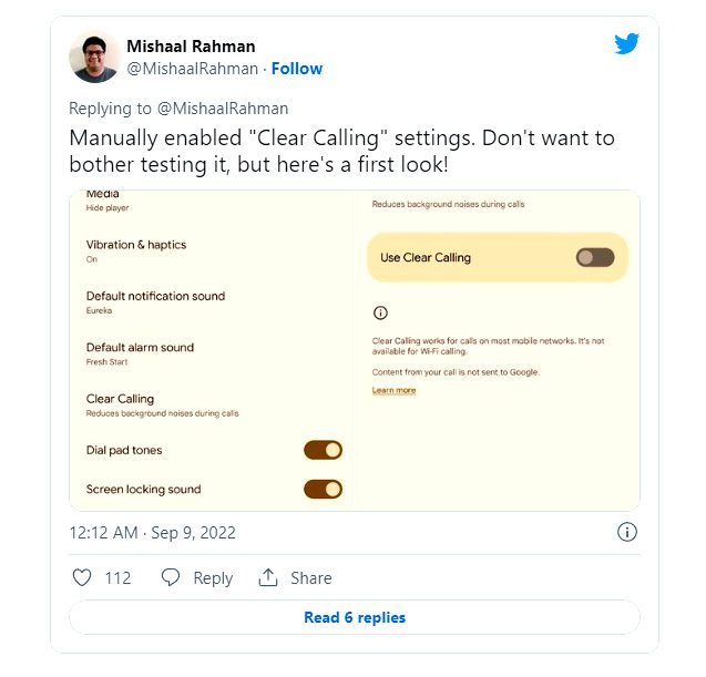 این ویژگی اولین بار توسط میشال رحمان در توییتر منتشر شد که همچنین دستورالعمل هایی را در توییتر برای فعال کردن صدای واضح (بدون آنکه نیاز به روت کردن گوشی) منتشر کرد.