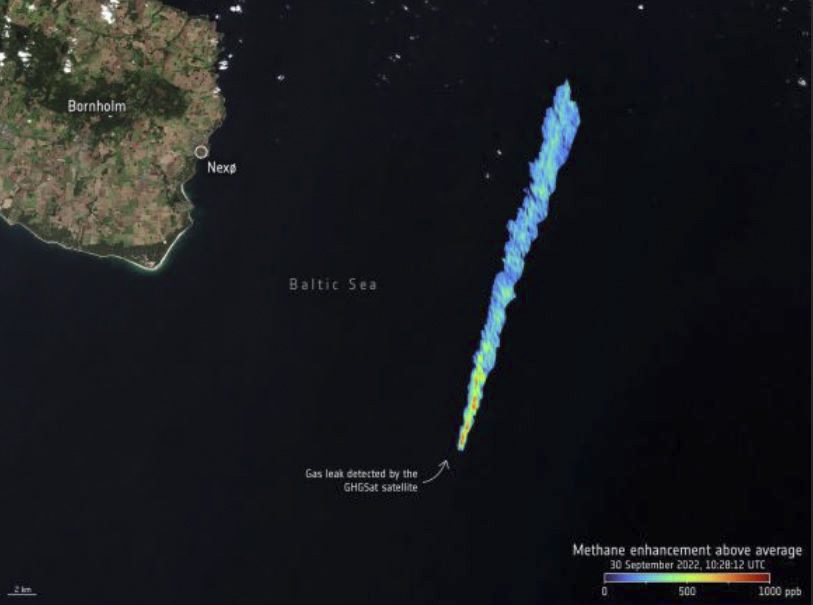 On 20 September 2022, a GHGSat observed the area of the Nord Stream pipeline break, and saw an estimated emission rate of methane of 79,000 kilograms (174,000 pounds) per hour