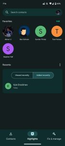 در کنار تبهای «Contacts» و «Fix & Manage» در نوار پایینی Material You در برنامه Google Contacts، اکنون تب جدید «Highlight» نیز اضافه خواهد شد.