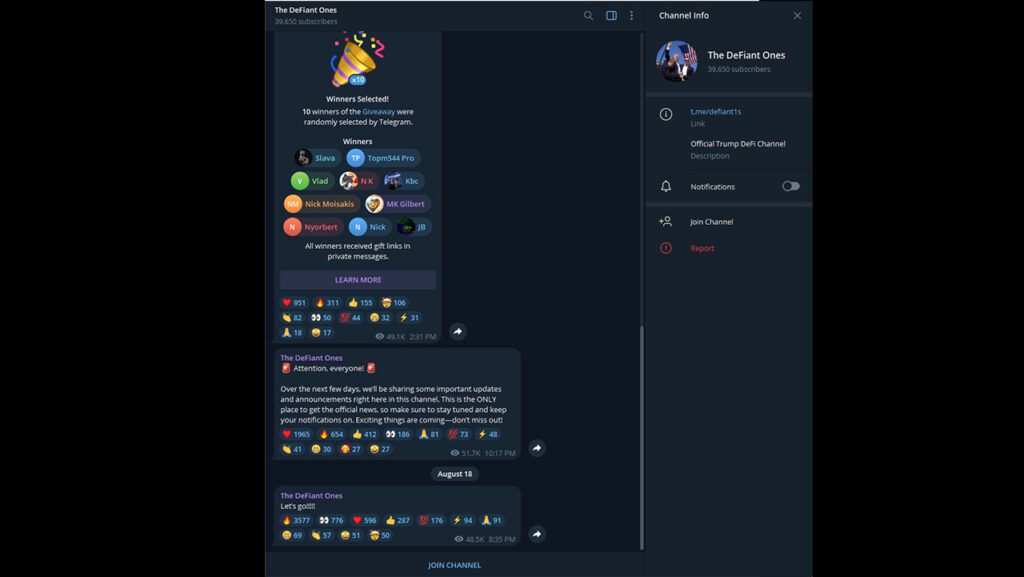 پست ترامپ در شبکه Truth Social، کاربران را به یک کانال Telegram برای این پلتفرم هدایت می‌کند که هنوز به طور رسمی منتشر نشده است. پست‌های این کانال از ۱۵ اوت آغاز شده و آن را "تنها کانال رسمی Telegram برای پروژه Trump DeFi" معرفی کرده‌اند.