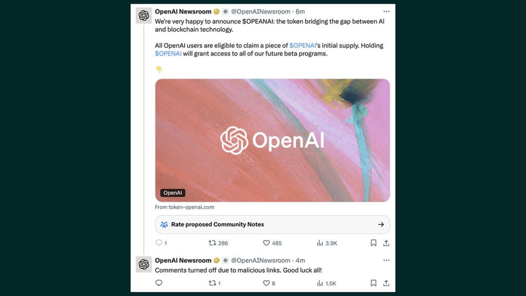 روز دوشنبه، حساب OpenAI Newsroom، که اخیراً برای اعلام خبرهای مرتبط با محصولات و سیاست‌های OpenAI ایجاد شده بود، پستی مشکوک منتشر کرد. در این پست، از راه‌اندازی یک توکن بلاک‌چین با برند OpenAI به نام "$OPENAI" خبر داده شد.
