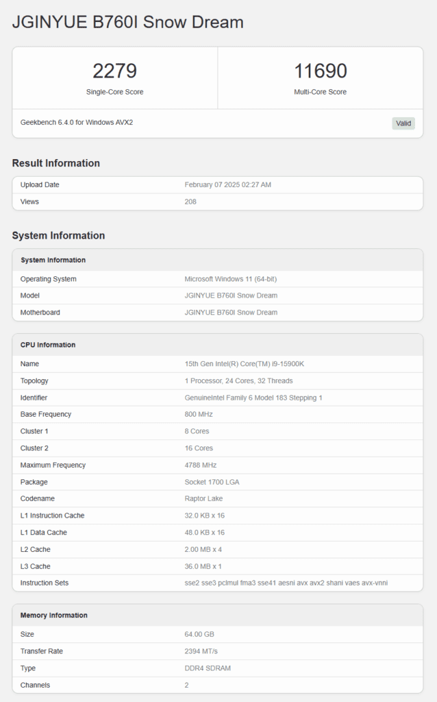 بنچمارک پردازنده‌ی Core i9-15900K در Geekbench 6.4