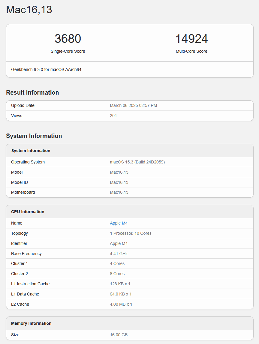 مک‌بوک ایر با شناسه Mac16,13 در نسخه Geekbench 6.4