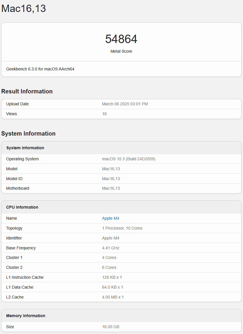 بررسی نتایج آزمون Metal در Geekbench نشان می‌دهد که مک‌بوک ایر M4 امتیاز ۵۴۸۶۴ را کسب کرده است