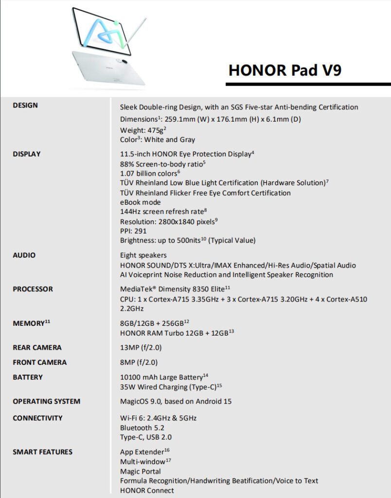 مشخصات تبلت Honor Pad V9 