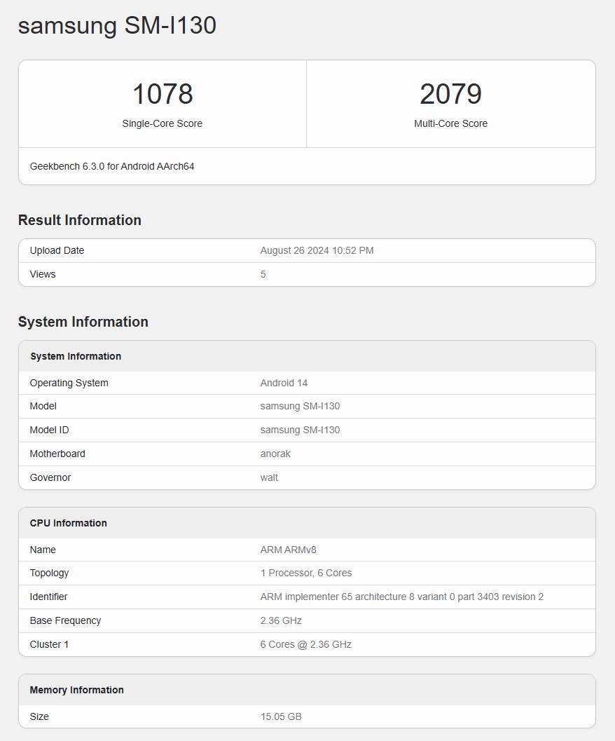 مدلی با کد SM-I130 نیز در Geekbench