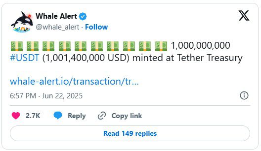 صدور ۲ میلیارد USDT روی شبکه ترون توسط تتر