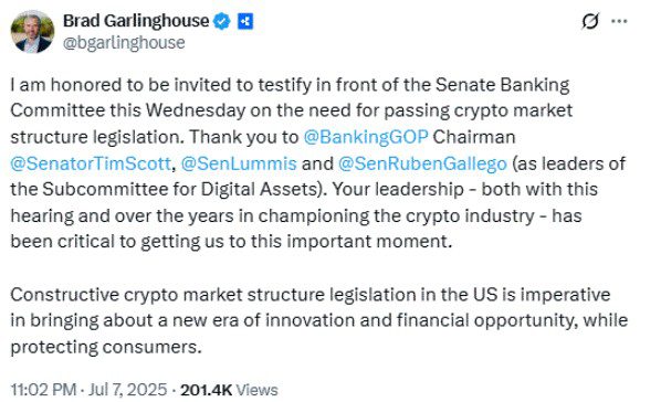 مدیرعامل ریپل در سنای آمریکا درباره قوانین رمزارزها سخنرانی می کند