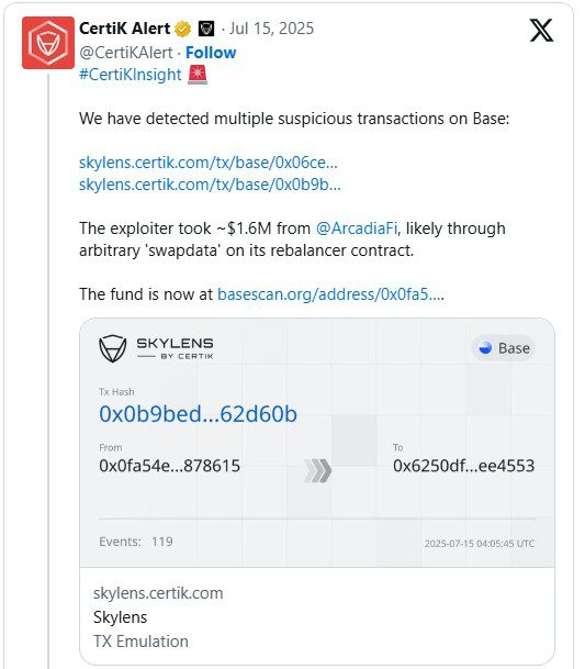 ۲.۵ میلیون دلاری از آرکادیا فایننس در شبکه بیس (Base) سرقت شد