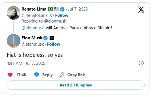 حمایت حزب سیاسی جدید ایلان ماسک از بیتکوین