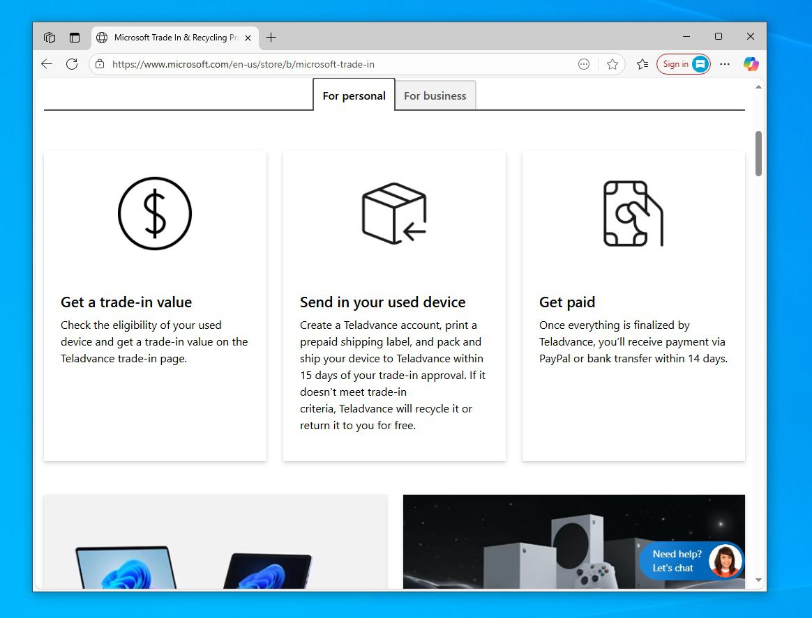 مایکروسافت برای اجرای برنامه تعویض و بازیافت، با شرکت تگزاسی Teladvance همکاری میکند، اما در خارج از ایالات متحده ممکن است شریک محلی متفاوتی وجود داشته باشد. گزینه مذکور در تمامی مناطق ظاهر میشود، حتی در کشورهایی که برنامه تعویض مایکروسافت فعال نیست، اما در این موارد لینک مربوطه قابل دسترسی نخواهد بود.