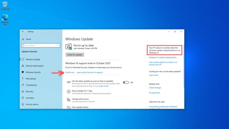 Enroll-now-to-Windows-10-ESU-page-in-the-Update-Security-page