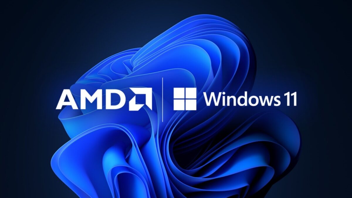 لوگوی AMD و لوگوی Windows 11 که به صورت مشترک بر روی پس‌زمینه‌ای انتزاعی از طرح آبی تیره و موج‌دار قرار گرفته‌اند.