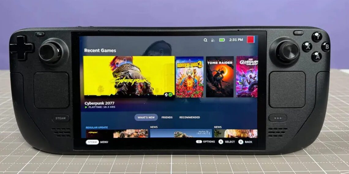 نمایی از جلوی کنسول دستی استیم دک و منوی استیم استور