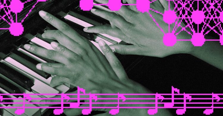 نمای نزدیک از دو دست که پیانو مینوازند، با طرحهای شبکهای عصبی پیکسلی و یک نوار نت موسیقی درخشان صورتی که روی آن قرار گرفته است.
