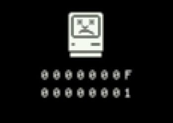 صفحه نمایش خاموش سیستم عامل قدیمی (احتمالاً Mac OS) با تصویر یک کامپیوتر کوچک پیکسلی غمگین و کدهای پیکسلی "0000000F" که نماد خرابی است.