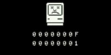 صفحه نمایش خاموش سیستم عامل قدیمی (احتمالاً Mac OS) با تصویر یک کامپیوتر کوچک پیکسلی غمگین و کدهای پیکسلی "0000000F" که نماد خرابی است.