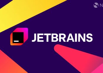 لوگوی JetBrains با نماد ترمینال سیاه در یک قاب رنگارنگ (صورتی/نارنجی) در مقابل پس‌زمینه بنفش با عناصر مورب زرد و قرمز.