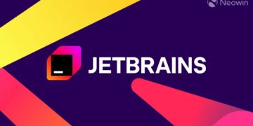 لوگوی JetBrains با نماد ترمینال سیاه در یک قاب رنگارنگ (صورتی/نارنجی) در مقابل پسزمینه بنفش با عناصر مورب زرد و قرمز.