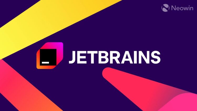 لوگوی JetBrains با نماد ترمینال سیاه در یک قاب رنگارنگ (صورتی/نارنجی) در مقابل پسزمینه بنفش با عناصر مورب زرد و قرمز.