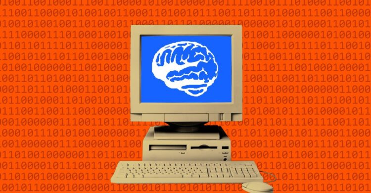 یک کامپیوتر رومیزی قدیمی با پس‌زمینه نارنجی که با کدهای باینری پر شده است و مغز انسان به رنگ سفید روی صفحه نمایش آبی آن نشان داده شده است.