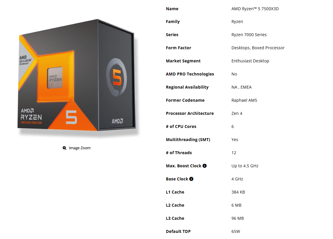 مشخصات فنی پردازنده AMD Ryzen 5 7500X3D شامل ۶ هسته، ۱۲ رشته و ۹۶ مگابایت کش L3 در کنار تصویر جعبه خردهفروشی آن.