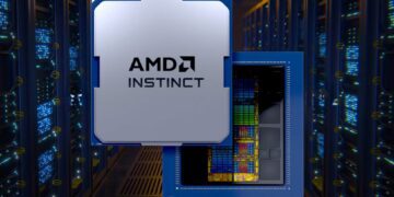 یک رندر دیجیتالی از تراشه هوش مصنوعی AMD Instinct MI430X با پوشش فلزی و لوگوی AMD، که بر روی یک تراشه بزرگتر با نمای نزدیک از قالبها (Dies) در پسزمینه یک مرکز داده آبی قرار گرفته است.
