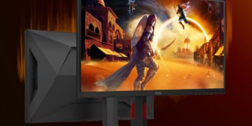 یک مانیتور گیمینگ AOC U27G4XM که در حال نمایش یک صحنه بازی (شبیه به Assassin's Creed) در یک محیط شهری باستانی است.