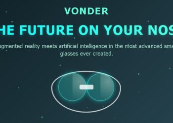 تبلیغ عینک‌های هوشمند Vonder با عنوان "VONDER THE FUTURE ON YOUR NOSE" و تصویر انتزاعی از لنزهای عینک بر روی پس‌زمینه آبی تیره.