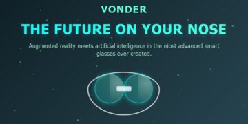 تبلیغ عینکهای هوشمند Vonder با عنوان "VONDER THE FUTURE ON YOUR NOSE" و تصویر انتزاعی از لنزهای عینک بر روی پسزمینه آبی تیره.