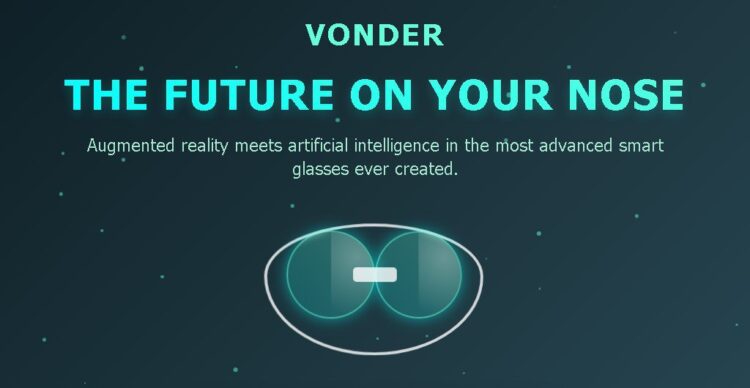 تبلیغ عینک‌های هوشمند Vonder با عنوان "VONDER THE FUTURE ON YOUR NOSE" و تصویر انتزاعی از لنزهای عینک بر روی پس‌زمینه آبی تیره.