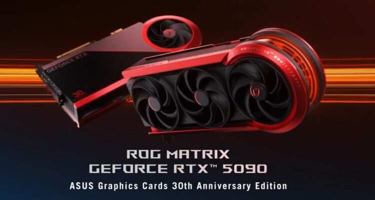 دو کارت گرافیک ROG Matrix GeForce RTX 5090 با طراحی مشکی و قرمز که در حالت پرواز روی یک پسزمینه تیره با خطوط نورانی نارنجی/قرمز قرار دارند و عبارت "ROG MATRIX GEFORCE RTX 5090" در پایین دیده میشود.