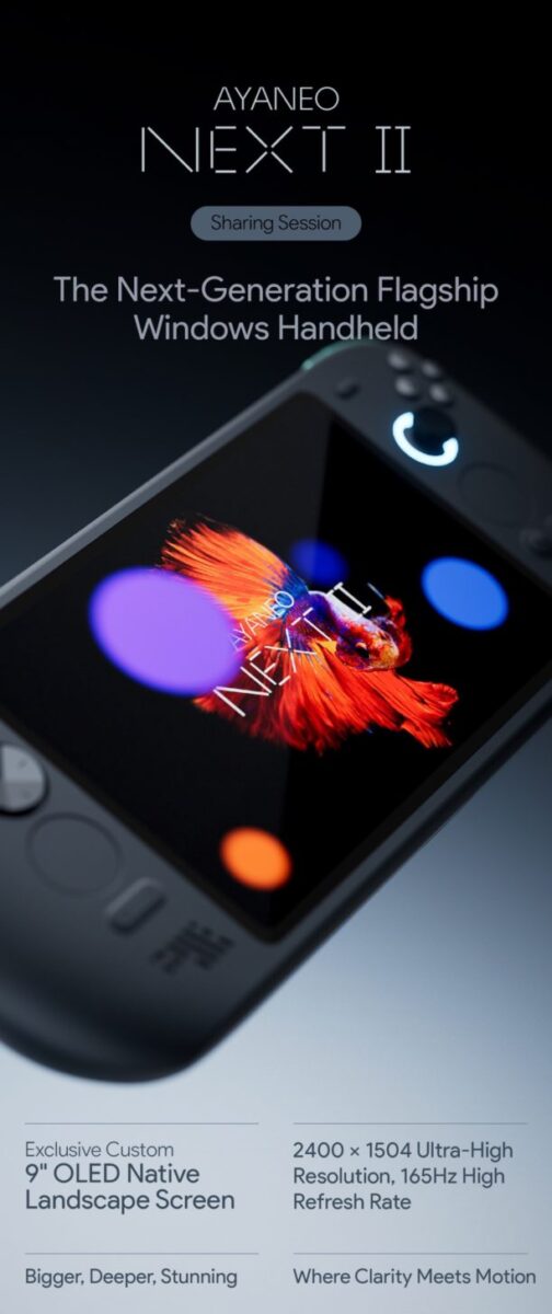 رندر کنسول دستی AYANEO NEXT II به رنگ مشکی با صفحه نمایش خاموش که لوگوی آن را در مرکز نشان می‌دهد.