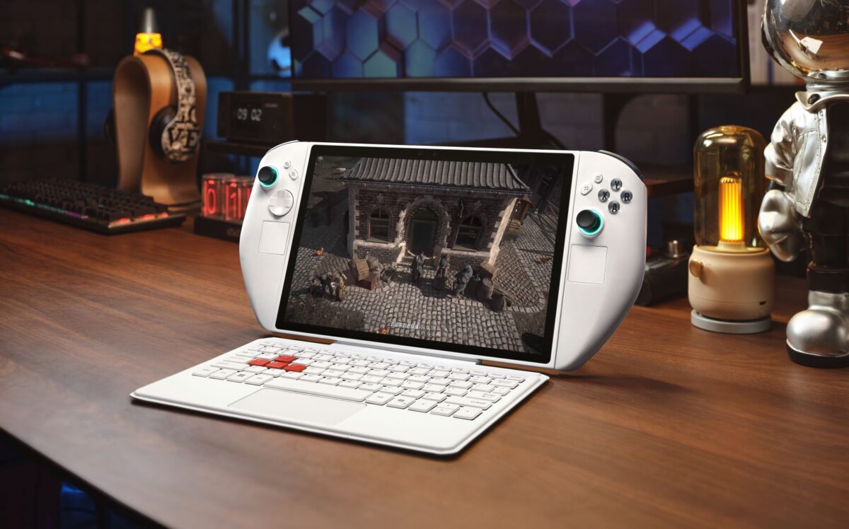 نمایی از اولین کنسول دستی سه بعدی جهان Abxylute 3D ONE در رنگ سفید جلوی صفحه کلید اختصاصی این کنسول