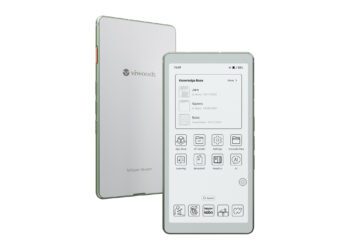 دو دستگاه مطالعه الکترونیکی (e-reader) Viwoods AiPaper Reader به رنگ سفید با قاب سبز که یکی از آن‌ها نمای جلویی را با صفحه نمایش رابط کاربری "Knowledge Base" و برنامه‌ها نشان می‌دهد و دیگری نمای پشتی را نشان می‌دهد.