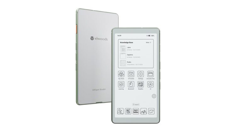 دو دستگاه مطالعه الکترونیکی (e-reader) Viwoods AiPaper Reader به رنگ سفید با قاب سبز که یکی از آن‌ها نمای جلویی را با صفحه نمایش رابط کاربری "Knowledge Base" و برنامه‌ها نشان می‌دهد و دیگری نمای پشتی را نشان می‌دهد.