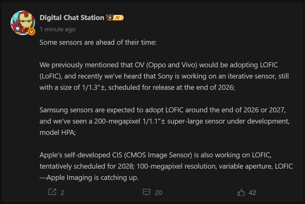 توییت دیجیتا چت استیشن درباره اپل در حال کار بر روی یک دوربین ۱۰۰ مگاپیکسلی داخلی با فناوری LOFIC است