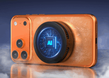 رندر تبلیغاتی یک گوشی هوشمند نارنجی رنگ با ماژول دوربین سه‌گانه و یک خنک‌کننده مغناطیسی بزرگ دایره‌ای در پشت که یک طرح مدار آبی نئونی با متن "AI" را نمایش می‌دهد.