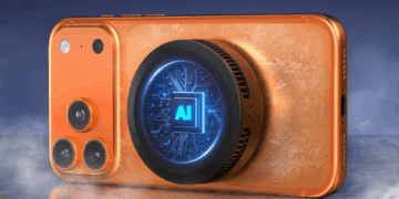 رندر تبلیغاتی یک گوشی هوشمند نارنجی رنگ با ماژول دوربین سه‌گانه و یک خنک‌کننده مغناطیسی بزرگ دایره‌ای در پشت که یک طرح مدار آبی نئونی با متن "AI" را نمایش می‌دهد.