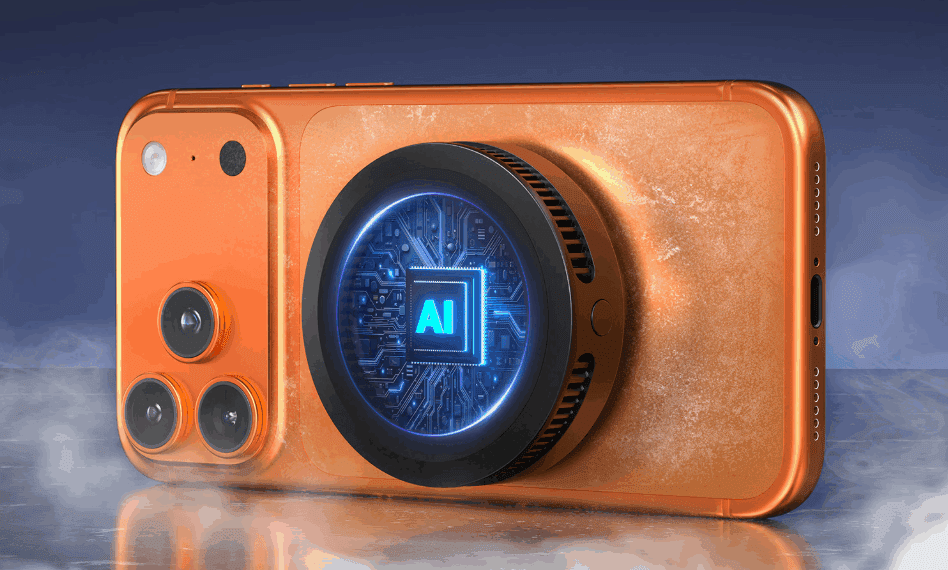 رندر تبلیغاتی یک گوشی هوشمند نارنجی رنگ با ماژول دوربین سه‌گانه و یک خنک‌کننده مغناطیسی بزرگ دایره‌ای در پشت که یک طرح مدار آبی نئونی با متن "AI" را نمایش می‌دهد.
