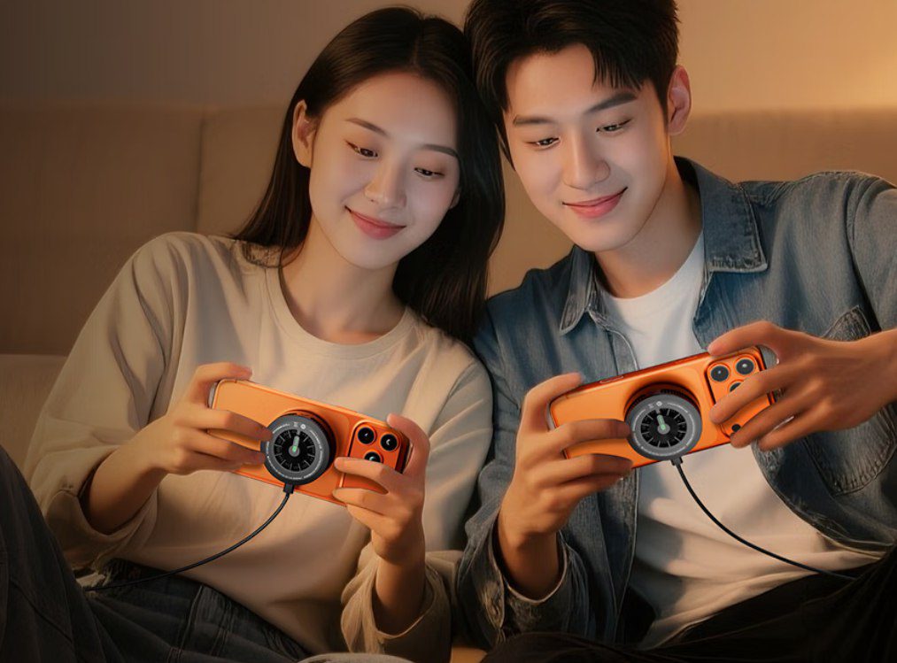 یک مرد و زن در حال نگاه کردن به پایین و استفاده از گوشی‌های هوشمند نارنجی رنگ خود که به یک خنک‌کننده مغناطیسی Black Shark مجهز شده‌اند.