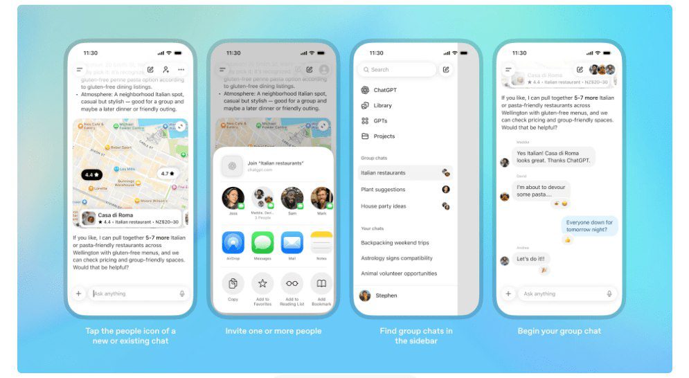 پروسه چهار مرحله‌ای استفاده از ویژگی چت گروهی (Group Chat) در ChatGPT موبایل، که شامل ایجاد یک چت جدید، دعوت از افراد، یافتن آن در سایدبار و شروع مکالمه است.