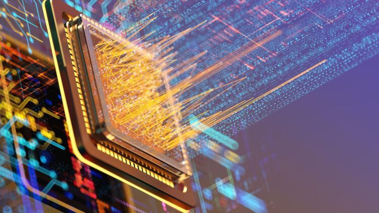 نمای نزدیک از یک چیپست با داده‌های دیجیتالی و نورپردازی نئونی که نمادی از پردازش داده‌های سریع است.