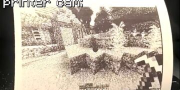 نمای پرینت شده از یک محیط بازی Minecraft بر روی کاغذ رسید، که نمایی از یک محیط سنگی با نور کم را با جزئیات پیکسلی و تار نشان می‌دهد.
