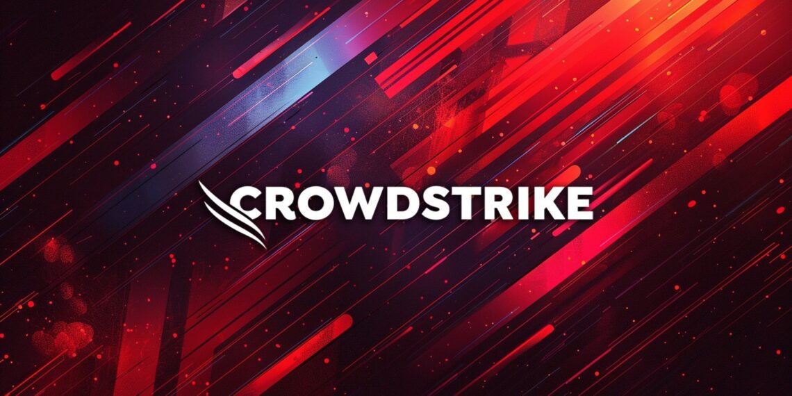 لوگوی سفید "CROWDSTRIKE" در مرکز یک پسزمینه انتزاعی با خطوط مورب و ذرات نور به رنگهای قرمز و آبی.