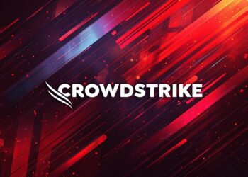 لوگوی سفید "CROWDSTRIKE" در مرکز یک پس‌زمینه انتزاعی با خطوط مورب و ذرات نور به رنگ‌های قرمز و آبی.
