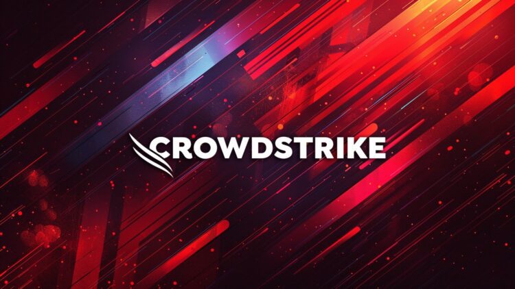 لوگوی سفید "CROWDSTRIKE" در مرکز یک پسزمینه انتزاعی با خطوط مورب و ذرات نور به رنگهای قرمز و آبی.