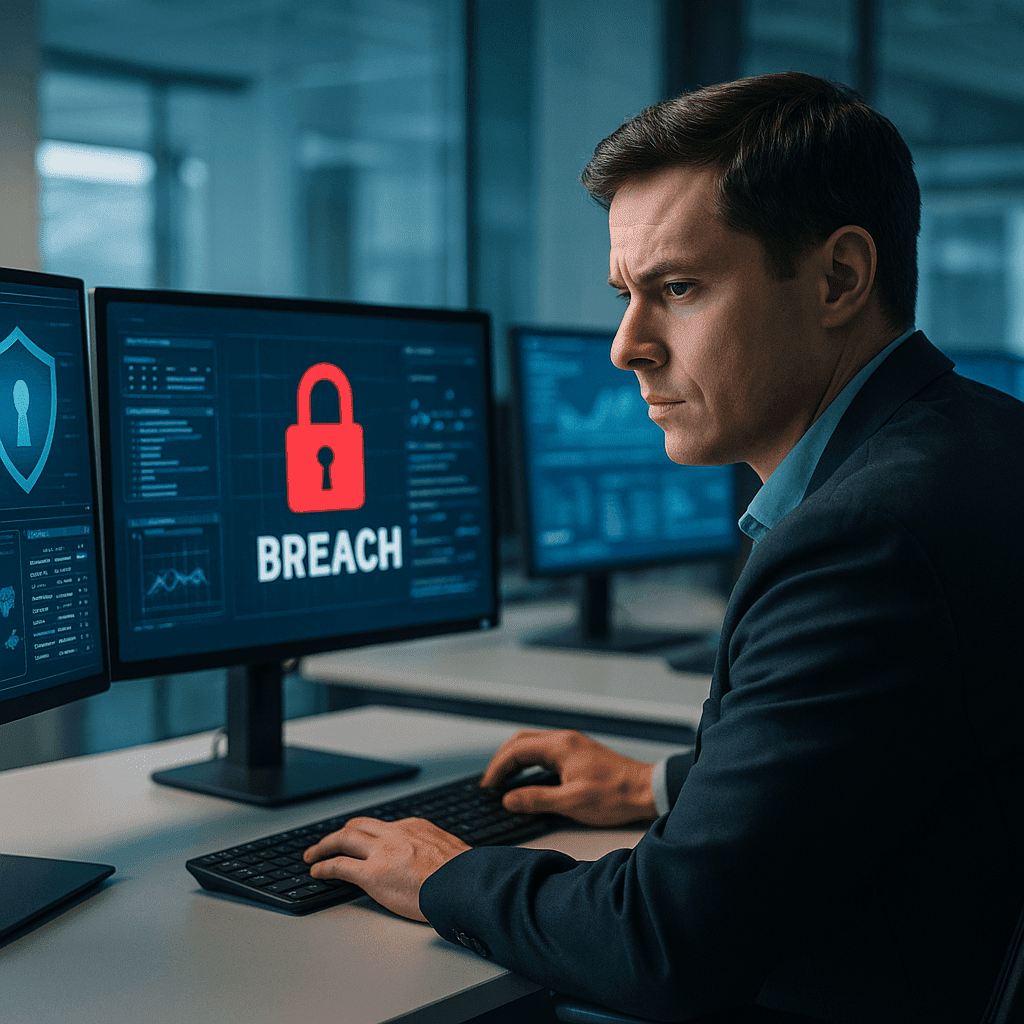 یک مرد با کت و شلوار تیره که در مقابل سه مانیتور در یک مرکز فرماندهی امنیتی نشسته و روی مانیتور مرکزی یک آیکون قفل قرمز بزرگ با متن "BREACH" نمایش داده شده است.