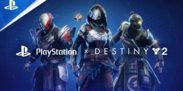 پوستر تبلیغاتی بازی Destiny 2 که سه نگهبان (Guardians) زره‌پوش را در مرکز نشان می‌دهد، همراه با لوگوی PlayStation و متن "PlayStation x Destiny 2".