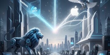 انیمیشن با تم علمی تخیلی از نبرد بین یک شیر روباتیک (نماد Samsung/Bixby) و یک عقاب روباتیک (نماد Apple)، که در یک خیابان شهر آیندهنگر رو به روی هم ایستادهاند.